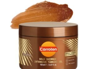 Carroten Gold Shimmer Intensive Tanning Gel 150ml jar with bronze packaging and shimmering tan gel texture displayed above the container on a white background.