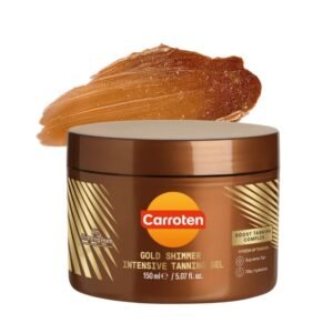 Carroten Gold Shimmer Intensive Tanning Gel 150ml jar with bronze packaging and shimmering tan gel texture displayed above the container on a white background.