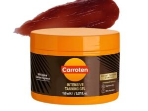 Carroten Intensive Tanning Gel 150ml jar with orange lid and dark brown packaging, featuring a rich red gel texture displayed above the container on a white background.