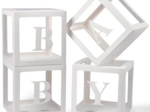 Stackable White Baby Shower Balloon Boxes with BABY Letters – Clear Display Boxes for Gender Reveal Party Decor