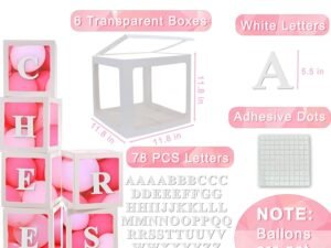 6 PCS transparent balloon boxes with 78 white letters and adhesive dots – clear baby box blocks for baby shower, gender reveal, birthday and party decorations.”